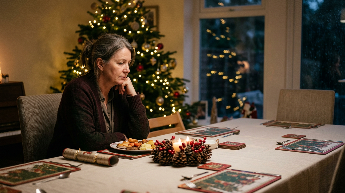 Middle-aged woman sitting alone at a Christmas dinner table with food and a lit candle centerpiece