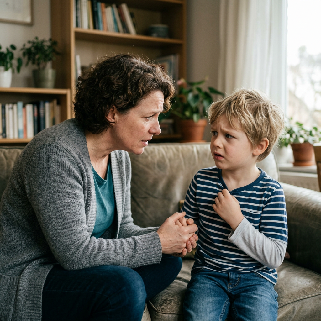 Mother holding son's hands and speaking gently while he looks concerned