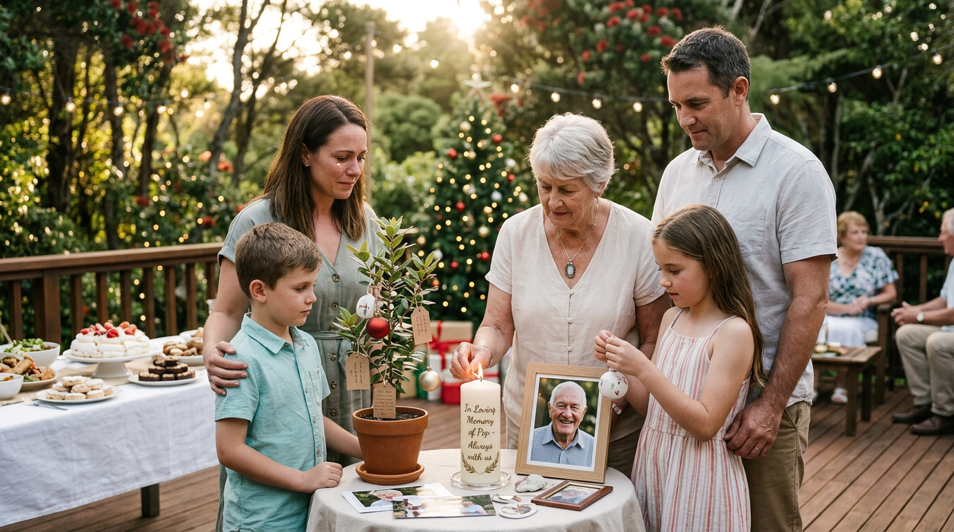 Family lighting memorial candle with photo and ornaments on table outdoors
