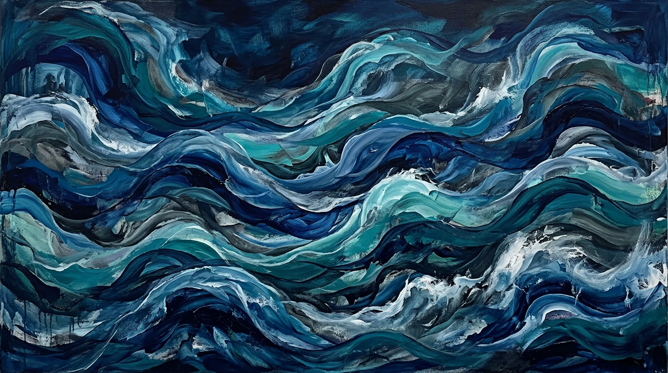 Abstract painting of swirling ocean waves in blues, greens, whites, and blacks