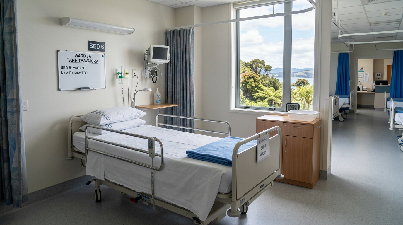 Vacant hospital bed labeled Bed 6 in a ward with medical equipment and a window showing trees and hills