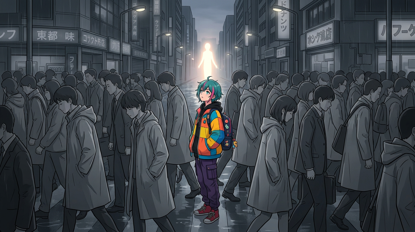 A colorful young person with teal hair and bright clothing standing in a gray city street surrounded by monochrome people walking by