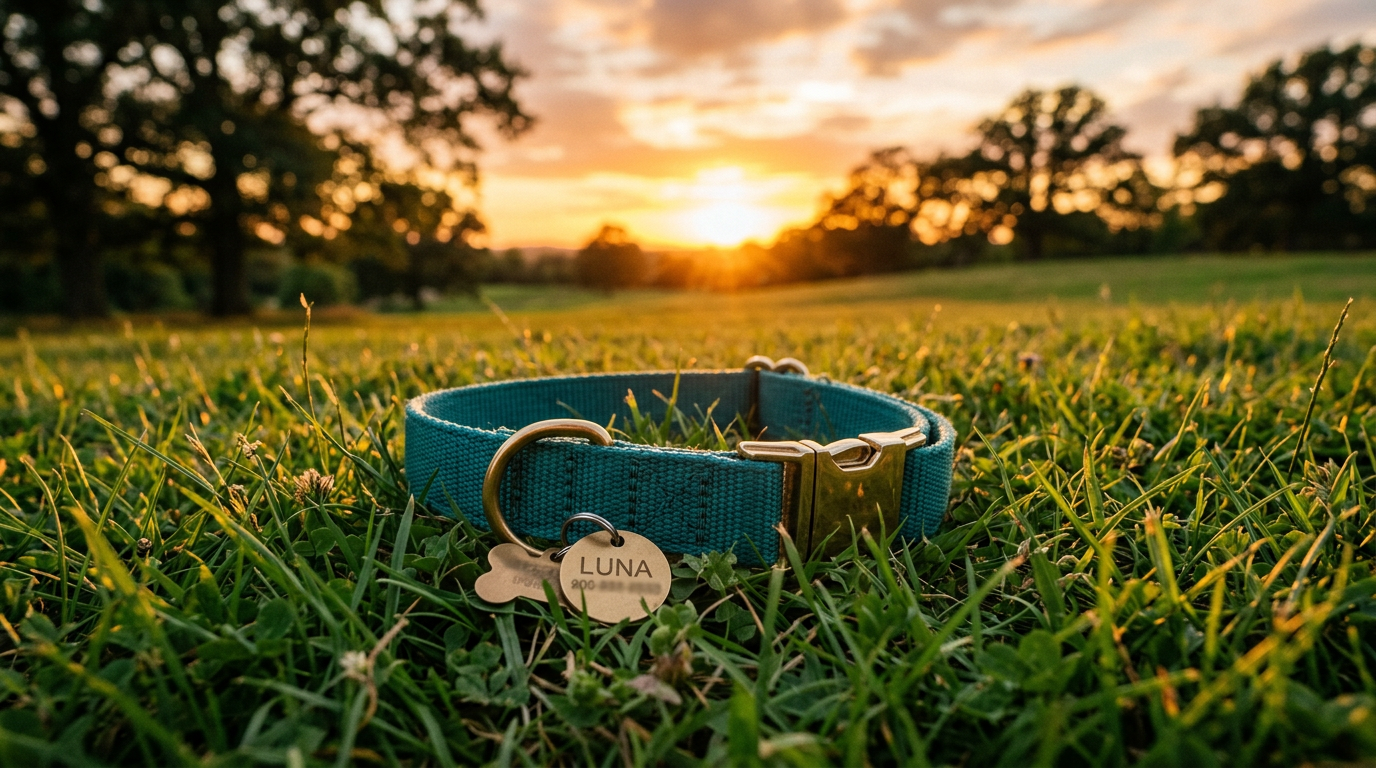 Blue dog collar with Luna name tag on grass at sunset